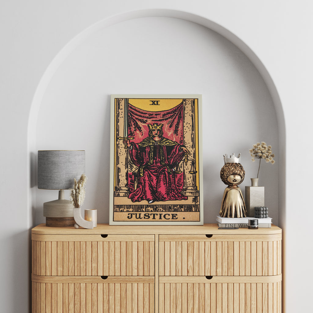 Justice Tarot Card Art Print | Canvas wall art by Wall Nostalgia. Custom Canvas Prints, Made in Calgary, Canvas wall art canada, Tarot Cards Printing Canada, Justice Tarot Card Art Prints, Tarot Card canvas art, Justice tarot card art, Tarot Cards Canada, Tarot Card Pictures, canvas prints Canada, tarot card prints