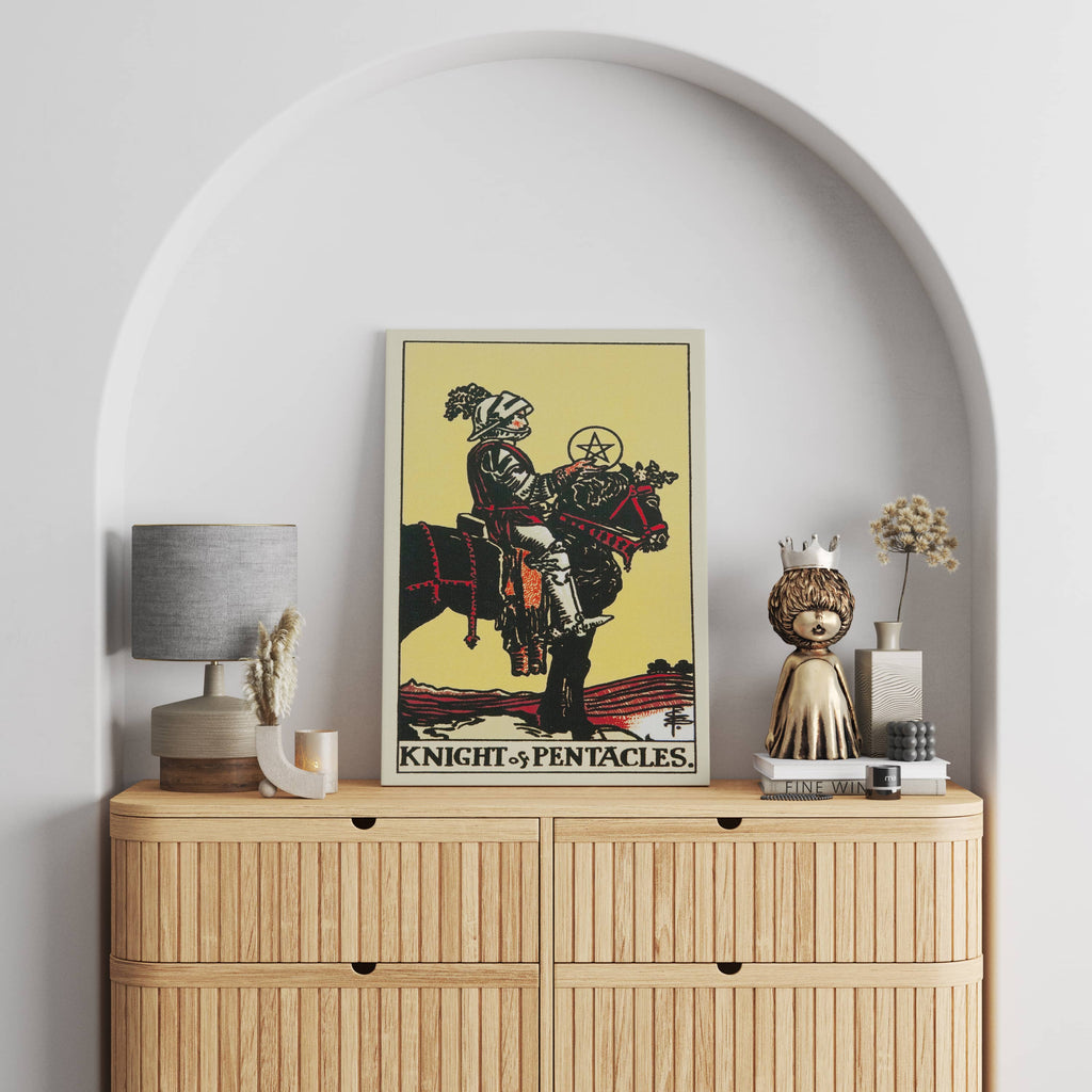 Knight of Pentacles Tarot Card Art Print | Canvas wall art print by Wall Nostalgia. Custom Canvas Prints, Made in Calgary, Canvas wall art canada, Tarot Cards Printing Canada, Tarot Card Art Prints, Knight of Pentacles Tarot Card canvas art, tarot card art, Tarot Cards Canada, Tarot Card Pictures, canvas prints Canada