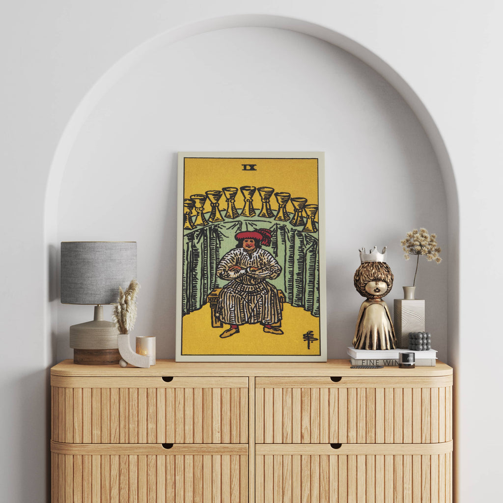 Nine of Cups Tarot Card Art Print | Canvas wall art print by Wall Nostalgia. Custom Canvas Prints, Made in Calgary, Canvas wall art canada, Tarot Cards Printing Canada, Nine of Cups Tarot Card Art Prints, Tarot Card canvas art, Nine of Cups tarot card art, Tarot Cards Canada, Tarot Card Pictures, canvas prints Canada