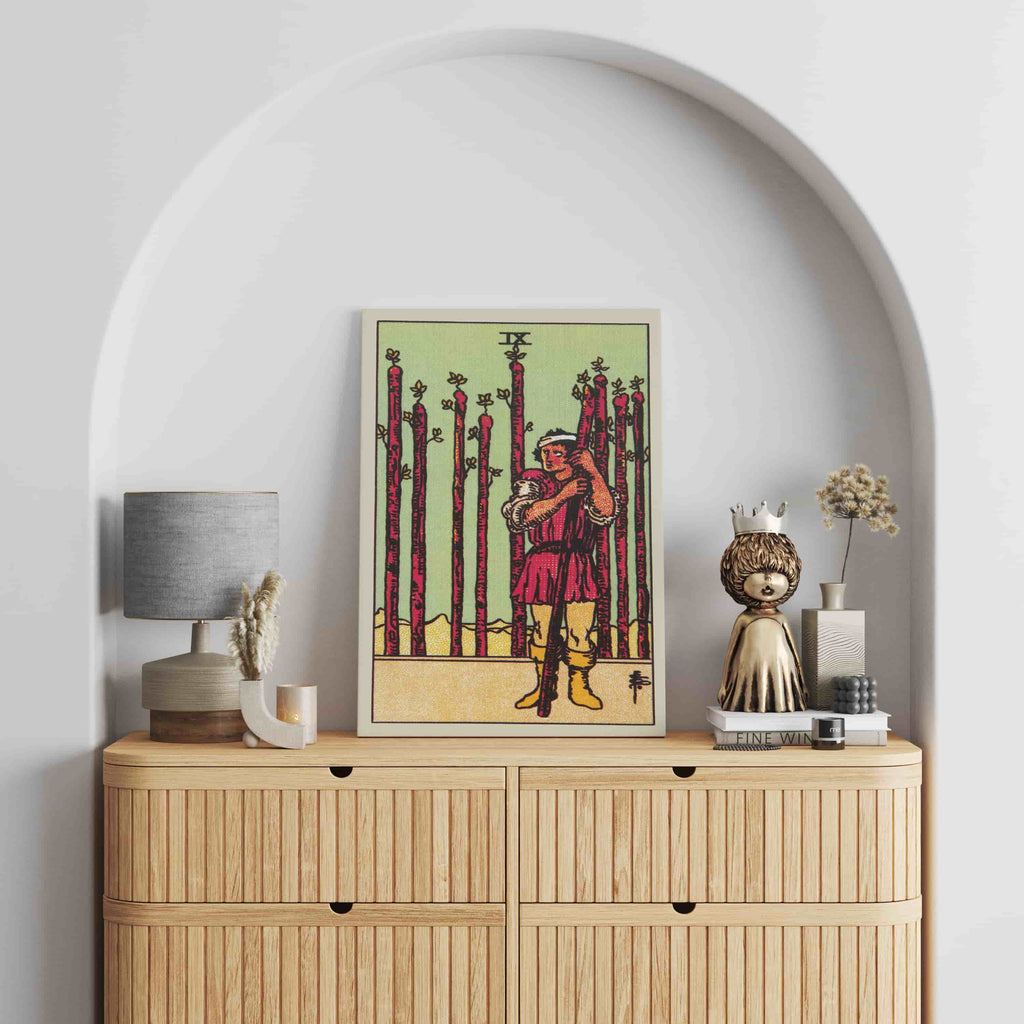 Nine of Wands Tarot Card Canvas Print | Canvas wall art print by Wall Nostalgia. Custom Canvas Prints, Made in Calgary, Canvas wall art canada, Tarot Cards Printing Canada, Nine of Wands Tarot Card Art Prints, Tarot Card canvas art, tarot card art, Tarot Cards Canada, Tarot Card Pictures, canvas prints Canada, wall art