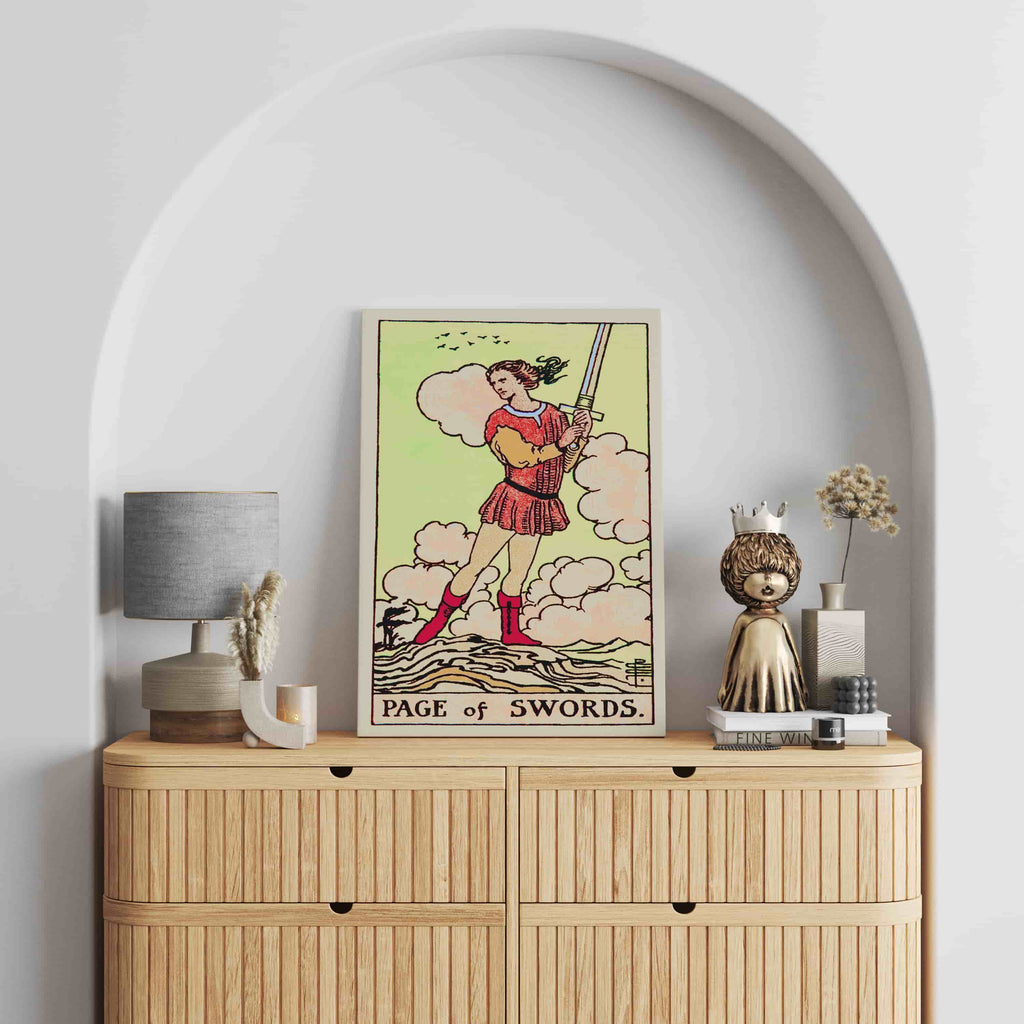 Page of Swords Tarot Card Canvas Print | Canvas wall art print by Wall Nostalgia. Custom Canvas Prints, Made in Calgary, Canvas wall art canada, Tarot Cards Printing Canada, Page of Swords Tarot Card Art Prints, Tarot Card canvas art, tarot card art, Tarot Cards Canada, Tarot Card Pictures, canvas prints Canada