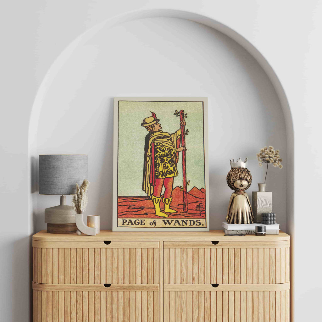 Page of Wands Tarot Card Canvas Print | Canvas wall art print by Wall Nostalgia. Custom Canvas Prints, Made in Calgary, Canvas wall art canada, Tarot Cards Printing Canada, Tarot Card Art Prints, Tarot Card canvas art, page of wands tarot card art, Tarot Cards Canada, Tarot Card Pictures, canvas prints Canada