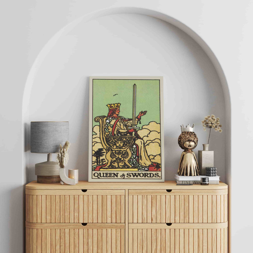 Queen of Swords Tarot Card Canvas Print | Canvas wall art print by Wall Nostalgia. Custom Canvas Prints, Made in Calgary, Canvas wall art canada, Tarot Cards Printing Canada, queen of swords Tarot Card Art Prints, Tarot Card canvas art, tarot card art, Tarot Cards Canada, Tarot Card Pictures, canvas prints Canada
