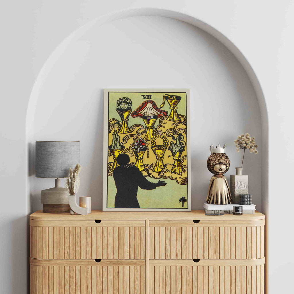 Seven of Cups Tarot Card Canvas Print | Canvas wall art prints by Wall Nostalgia. Custom canvas prints made in Calgary, canvas wall art canada, tarot cards printing Canada, tarot card art prints, tarot card canvas art, seven of cups tarot card art, tarot cards canada, tarot card pictures, canvas prints Canada wall art
