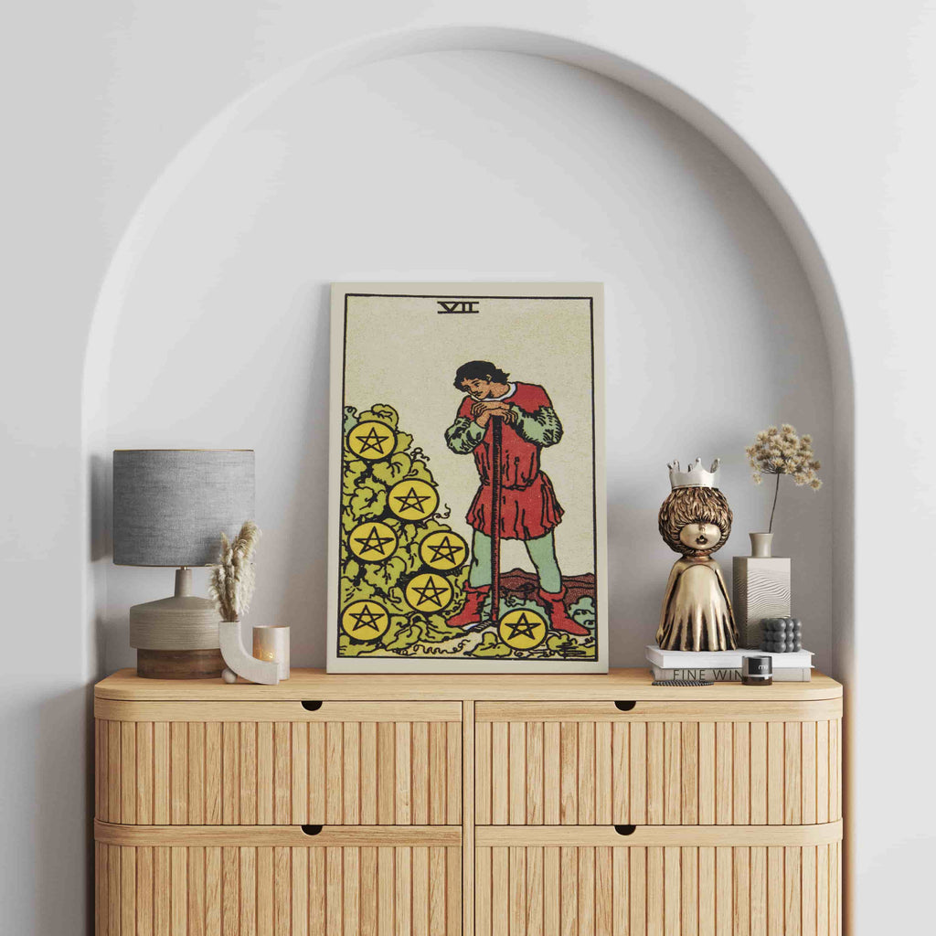 Seven of Pentacles Tarot Card Canvas Print | Canvas wall art prints by Wall Nostalgia. Custom canvas prints made in Calgary, canvas wall art canada, tarot cards printing Canada, tarot card art prints, tarot card canvas art, seven of pentacles tarot card art, tarot cards canada, tarot card pictures, canvas prints Canada