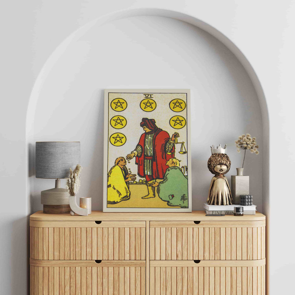 Six of Pentacles Tarot Card Canvas Print | Canvas wall art prints by Wall Nostalgia. Custom canvas prints made in Calgary, canvas wall art canada, tarot cards printing Canada, tarot card art prints, tarot card canvas art, six of pentacles tarot card art, tarot cards canada, tarot card pictures, canvas prints Canada
