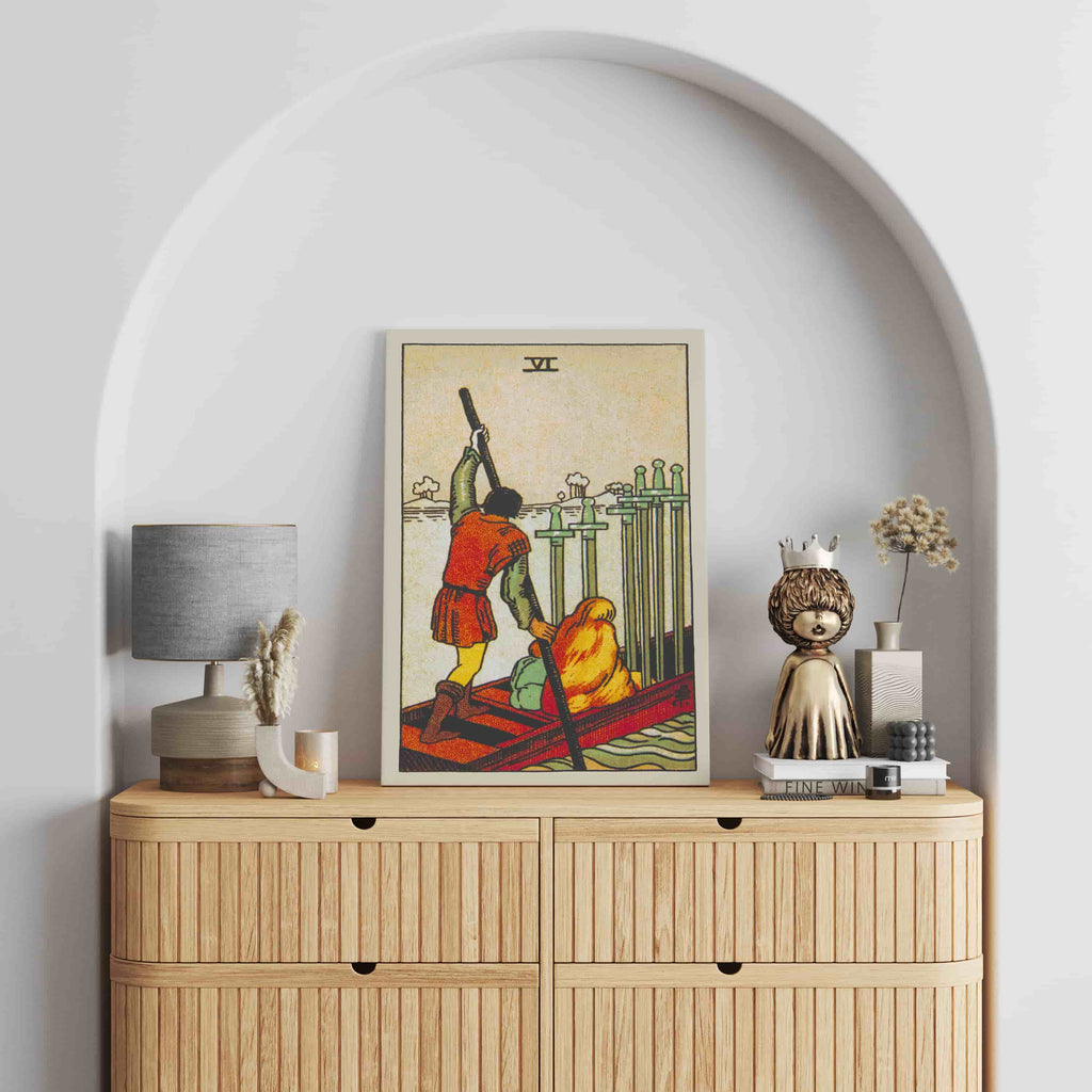 Six of Swords Tarot Card Canvas Print | Canvas wall art prints by Wall Nostalgia. Custom canvas prints made in Calgary, canvas wall art canada, tarot cards printing Canada, tarot card art prints, tarot card canvas art, six of swords tarot card art, tarot cards canada, tarot card pictures, canvas prints Canada