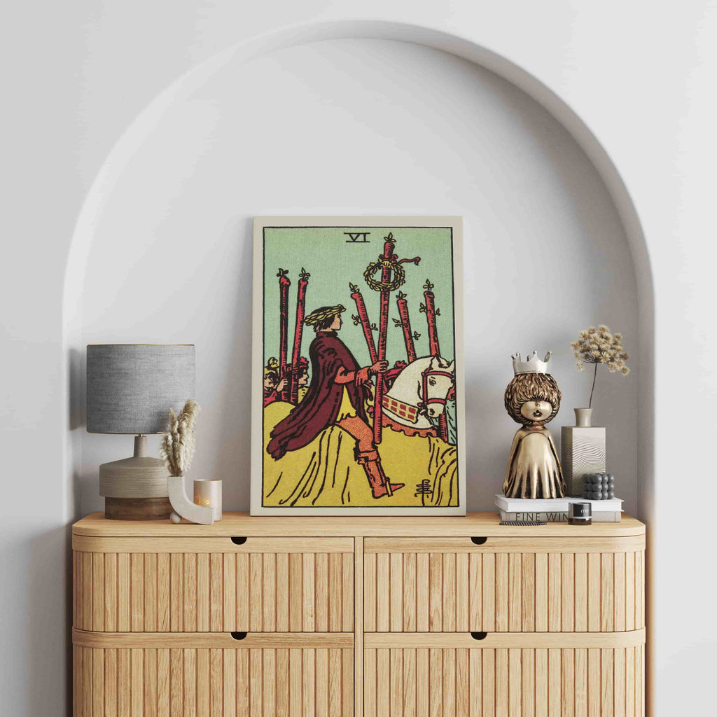 Six of Wands Tarot Card Canvas Print | Canvas wall art prints by Wall Nostalgia. Custom canvas prints made in Calgary, canvas wall art canada, tarot cards printing Canada, six of wands tarot card art print, tarot card canvas art, six of wands tarot card art, tarot cards canada, tarot card pictures, canvas prints Canada