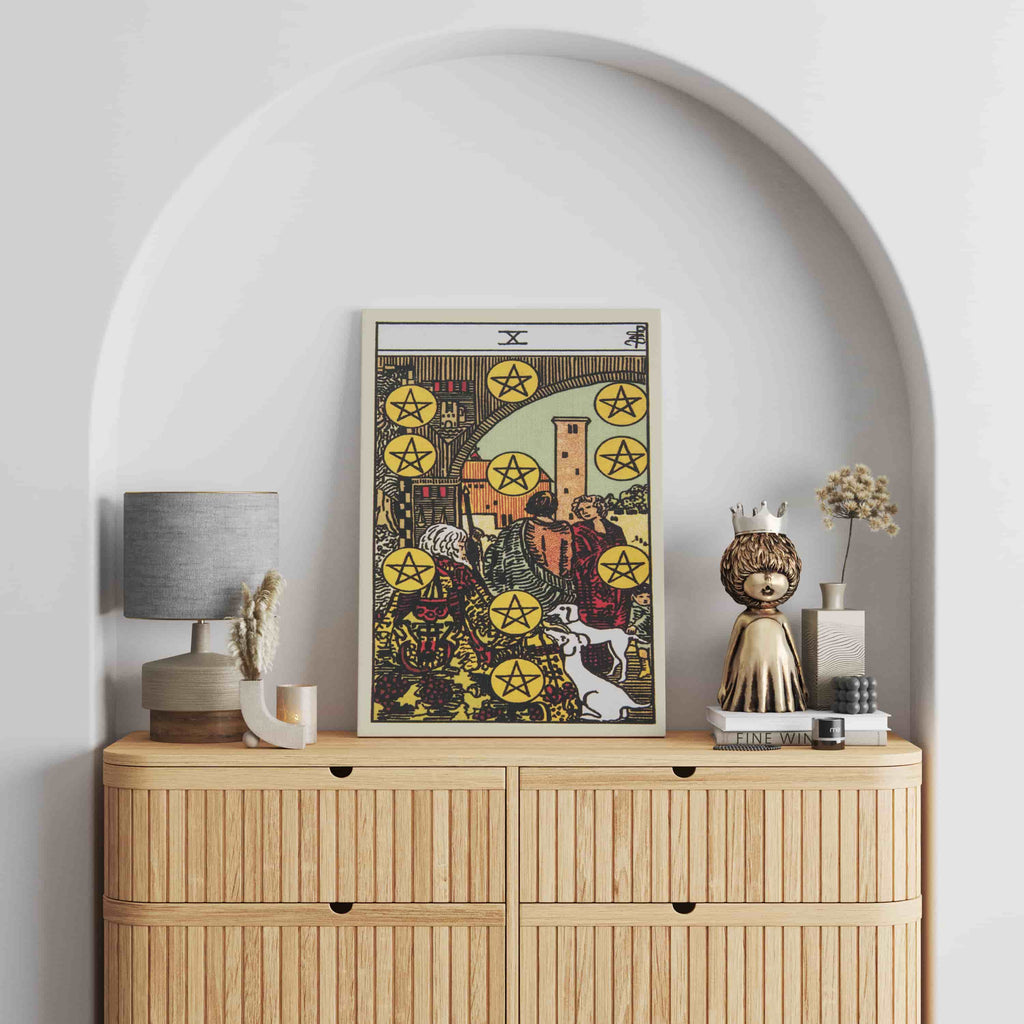 Ten of Pentacles Tarot Card Canvas Print | Canvas wall art prints by Wall Nostalgia. Custom canvas prints made in Calgary, canvas wall art canada, tarot cards printing Canada, ten of pentacles tarot card art prints, tarot card canvas art, tarot card art, tarot cards canada, tarot card pictures, canvas prints Canada
