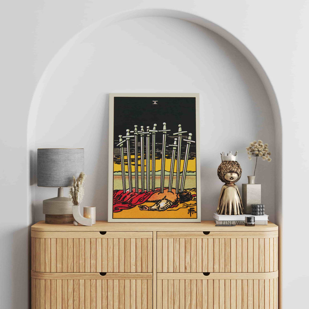 Ten of Swords Tarot Card Canvas Print | Canvas wall art prints by Wall Nostalgia. Custom canvas prints made in Calgary, canvas wall art canada, tarot cards printing Canada, ten of swords tarot card art print, tarot card canvas art, tarot card art, tarot cards canada, tarot card pictures, tarot card canvas prints Canada
