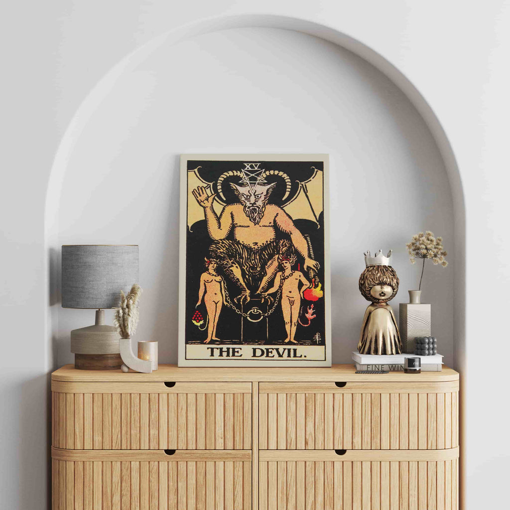 The Devil Tarot Card Canvas Print | Canvas wall art prints by Wall Nostalgia. Custom canvas prints made in Calgary, canvas wall art canada, tarot cards printing Canada, the devil tarot card art prints, tarot card canvas art, devil tarot card art, tarot cards canada, tarot card pictures, canvas prints Canada, tarot deck