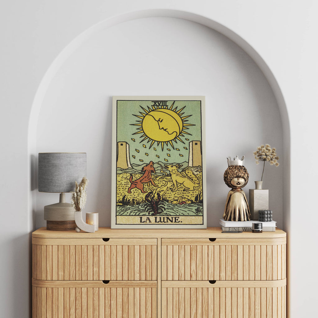 The Moon Tarot Card Art Print | Canvas wall art print by Wall Nostalgia. Custom Canvas Prints, Canvas wall art canada, the moon tarot card canvas print, Tarot Cards Printing Canada, Tarot Card Art Prints, Tarot Card canvas art, the moon tarot card art, Tarot Cards Canada, Tarot Card Pictures, canvas prints Canada