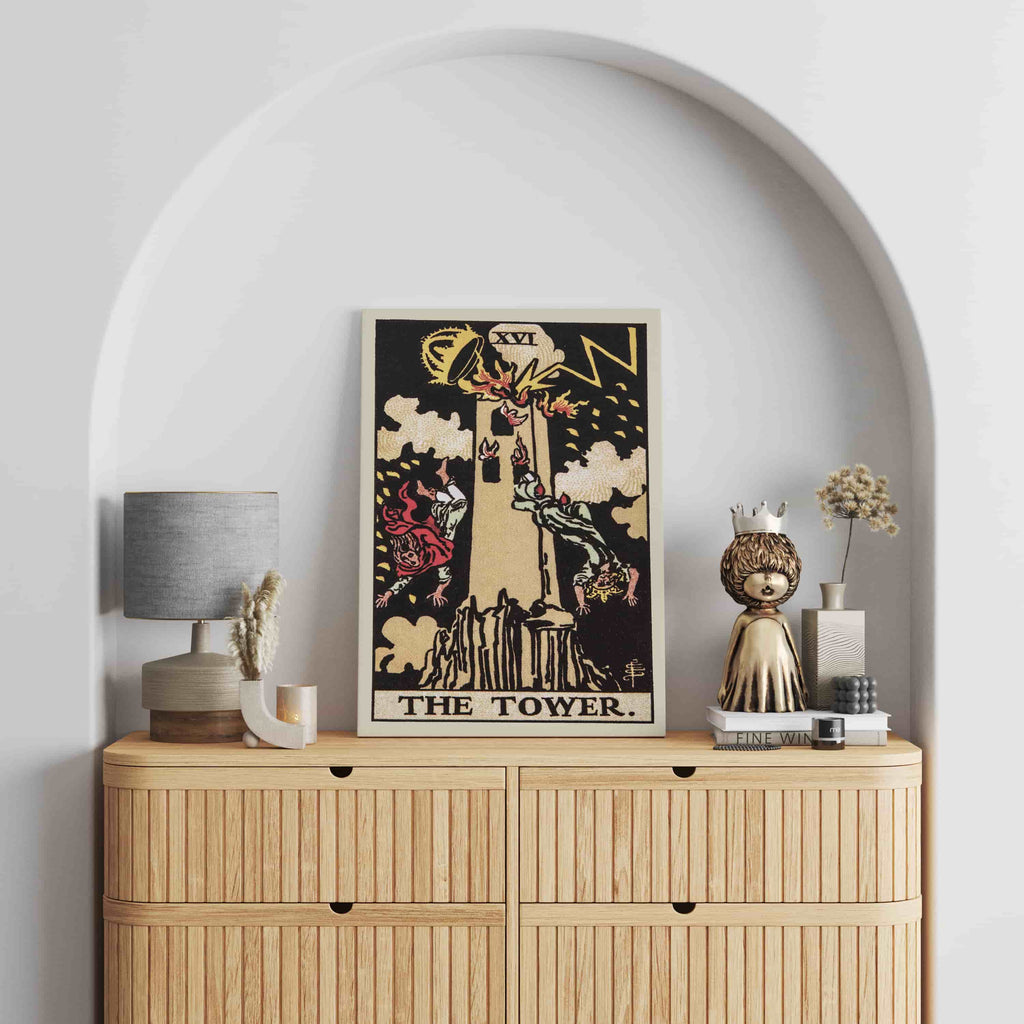 The Tower Tarot Card Canvas Print | Canvas wall art prints by Wall Nostalgia. Custom canvas prints made in Calgary, canvas wall art canada, tarot cards printing Canada, the tower tarot card art prints, the tower tarot card canvas art, tower tarot card art, tarot cards canada, tarot card pictures, canvas prints Canada