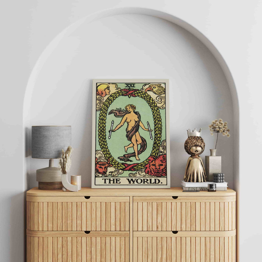 The World Tarot Card Canvas Print | Canvas wall art prints by Wall Nostalgia. Custom canvas prints made in Calgary, canvas wall art canada, tarot cards printing Canada, the world tarot card art prints, world tarot card canvas art, the world tarot card art, tarot cards canada, tarot card pictures, canvas prints Canada