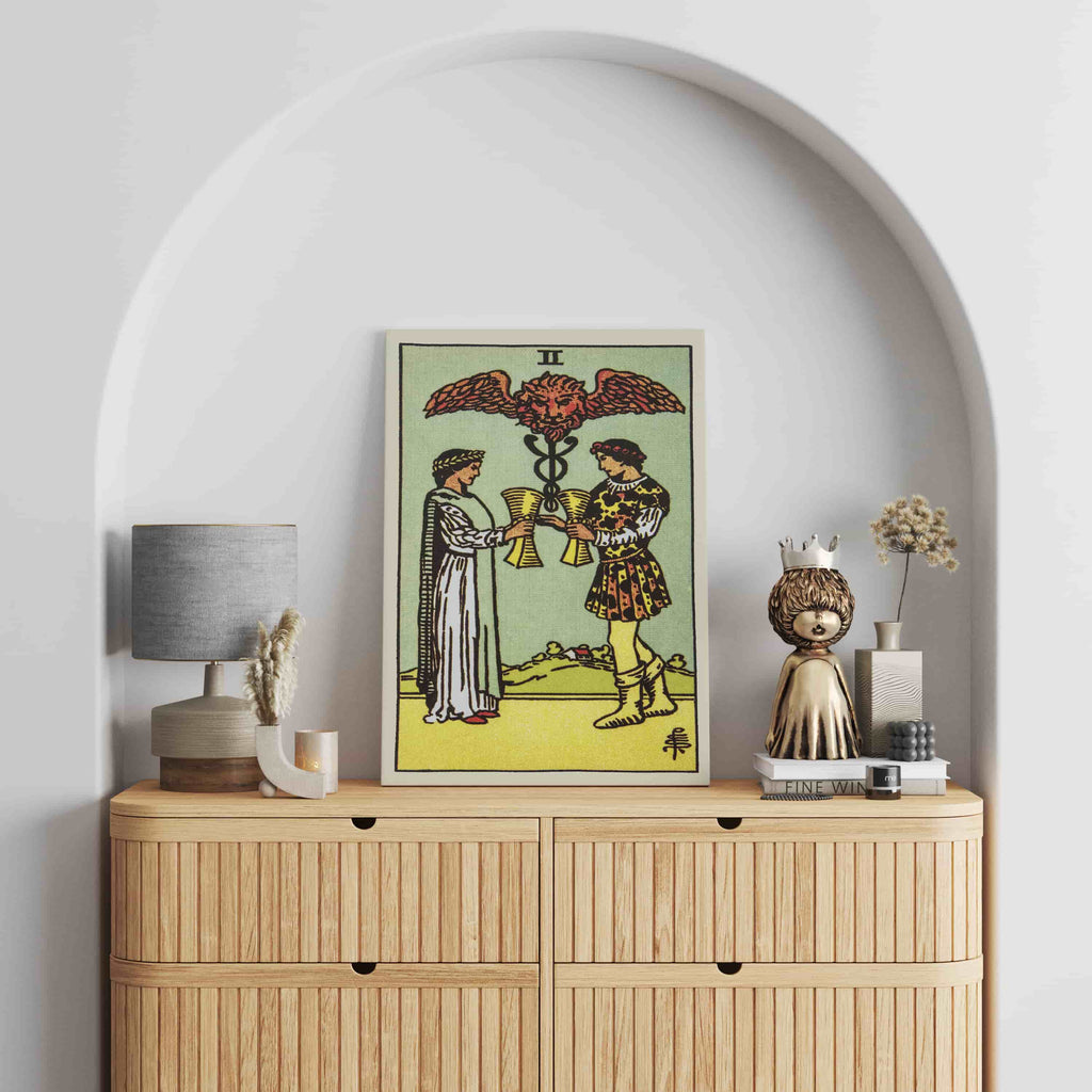 Two of Cups Tarot Card Canvas Print | Canvas wall art prints by Wall Nostalgia. Custom canvas prints made in Calgary, canvas wall art canada, tarot cards printing Canada, tarot card art prints, two of cups tarot card canvas art, two of cups tarot card art, tarot cards canada, tarot card pictures, canvas prints Canada