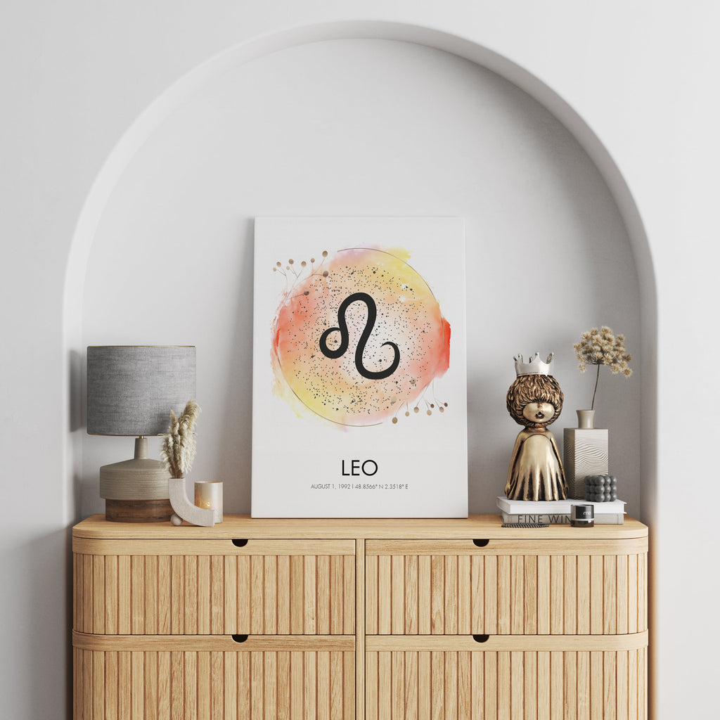 Our customizable zodiac watercolor prints let you create personalized wall art using a birth date and location. Four design styles to choose from: zodiac symbol, zodiac constellation map, realistic, and childish. The zodiac constellation print maps can be ready-to-hang canvas wall art, a framed print, or rolled print.