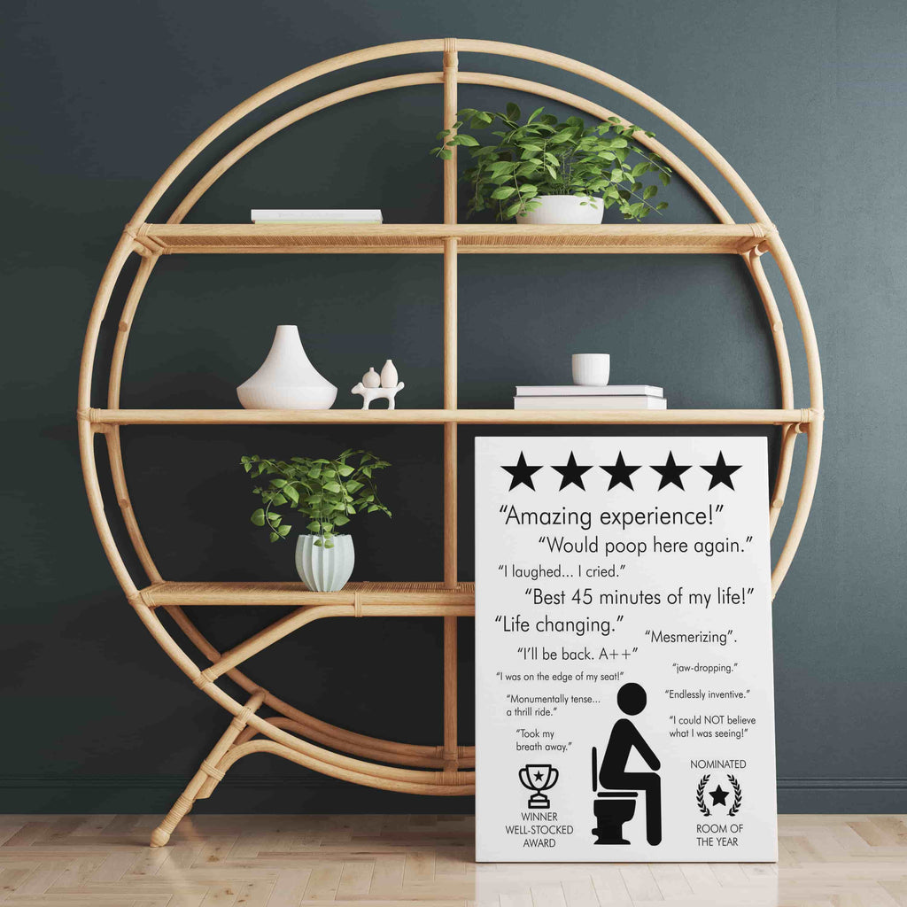 Bathroom Review Canvas Print | Canvas wall art print by Wall Nostalgia. Custom Canvas Prints, Made in Calgary, Canada | Large canvas print, framed canvas prints, bathroom review art print canada, bathroom review poster, bathroom review sign, bathroom art prints, bathroom art ideas, bathroom art, bathroom wall art print