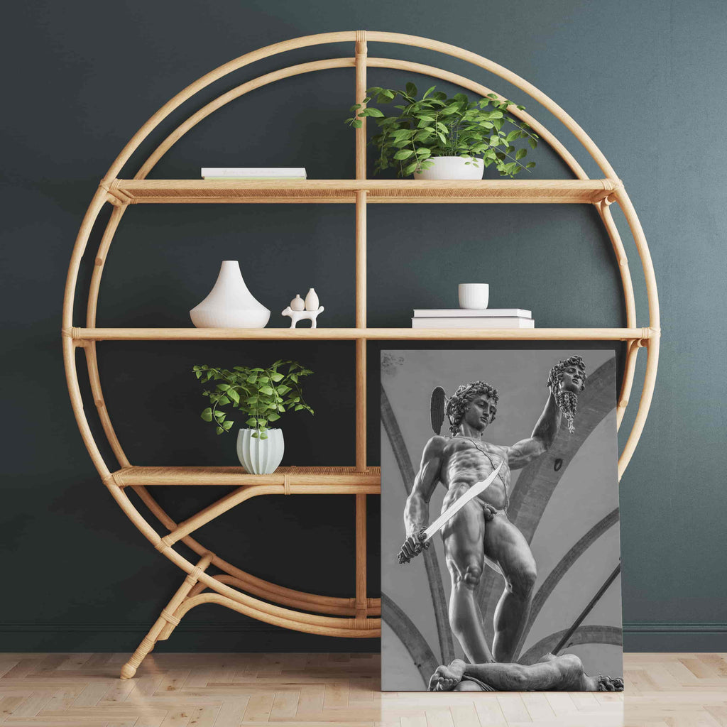 Perseus Print | Canvas wall art print by Wall Nostalgia. Custom Canvas Prints, Made in Calgary, Canada | Large canvas prints, framed canvas prints, Perseus and Medusa Canvas Print | Black and White Perseus Art Print, Greek Statue Wall Art, Greek Statue Print, Greek Art Print, Greek Print, Perseus and Medusa Wall Art