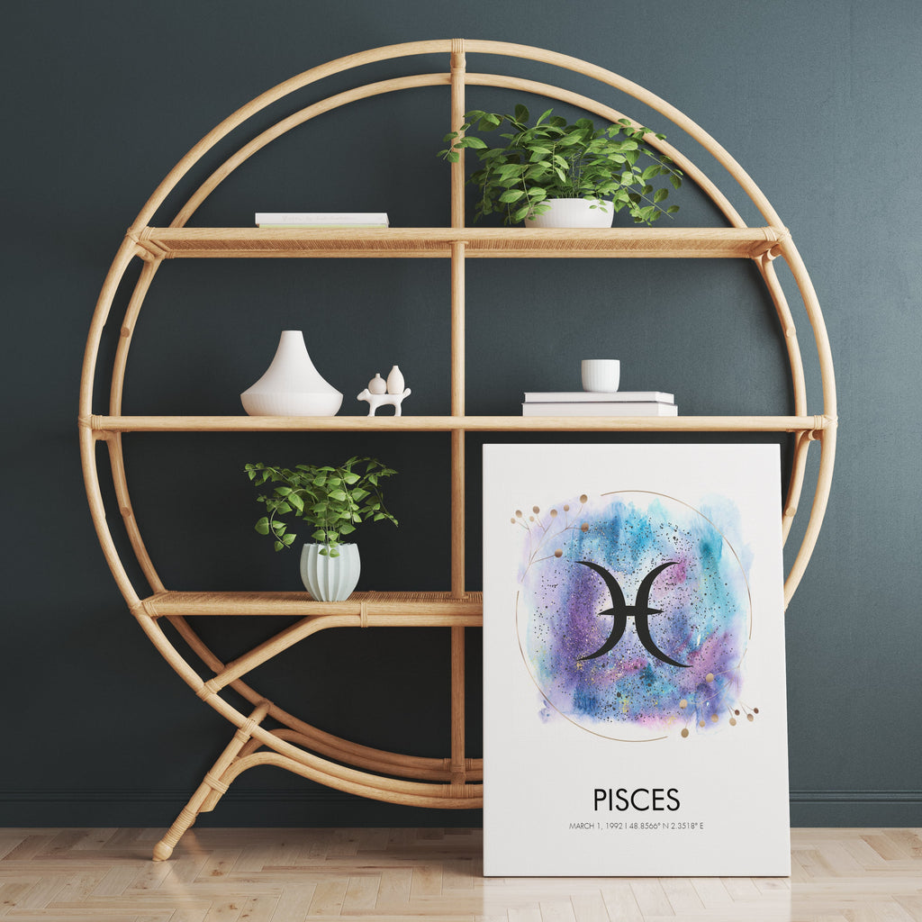 Our customizable zodiac watercolor prints let you create personalized wall art using a birth date and location. Four design styles to choose from: zodiac symbol, zodiac constellation map, realistic, and childish. The zodiac constellation print maps can be ready-to-hang canvas wall art, a framed print, or rolled print.