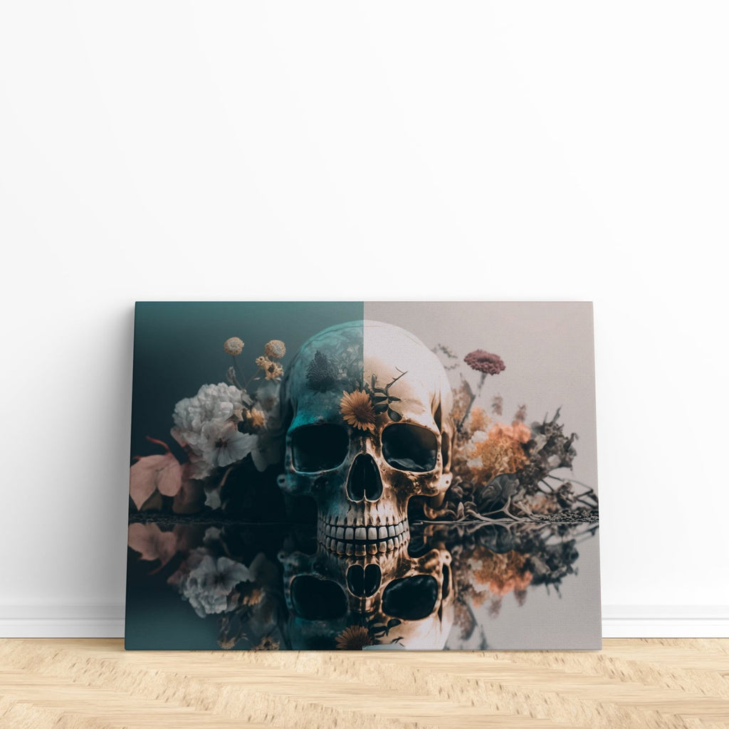 Darkness in the Flowers Canvas Print  | Canvas wall art print by Wall Nostalgia. Custom Canvas Prints Made in Canada | Skull wall art, Flower Skull Art Print, Flower Skull Wall Art, Dark wall art prints, Canvas wall art Canada, Skull Canvas Art Canada