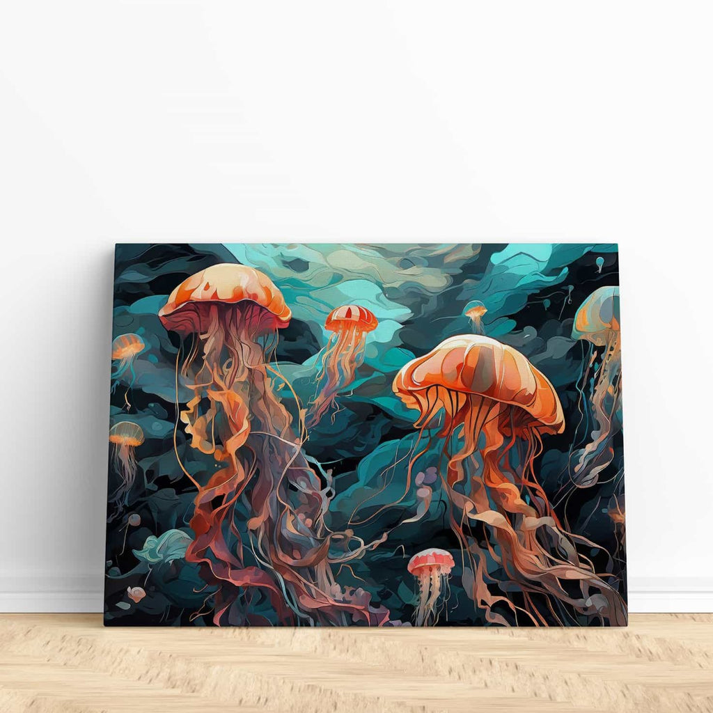 Sea of Surrealism Canvas Wall Art Print | Canvas wall art print by Wall Nostalgia. Custom Canvas Prints, Made in Canada | Wall Art Canada, Canvas Art Canada, Large canvas prints Canada, Wall Art for Living Room, Wall Art for Office, Wall Art for Bedroom, Canvas Prints Canada, surrealism art print, surrealism wall art, jellyfish art print, neon wall art print, ocean wall art prints, trendy wall art prints