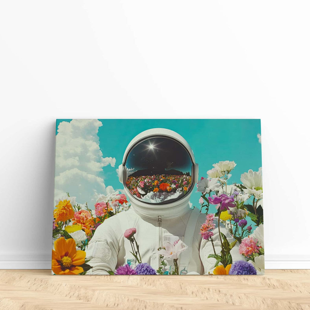 Retrospective Fields Astronaut Wall Art Print | Canvas wall art print by Wall Nostalgia. Custom Canvas Prints, Made in Canada | Wall Art Canada, Canvas Art Canada, Large canvas prints Canada, Wall Art for Living Room, Wall Art for Office, Wall Art for Bedroom, Canvas Prints Canada, Astronaut wall art, Astronaut wall decor, Astronaut art prints, Astronaut canvas print, Girly Wall Art Prints, Astronaut Flower Art Print, Unique wall art canada, trendy wall art canada, modern wall art prints canada