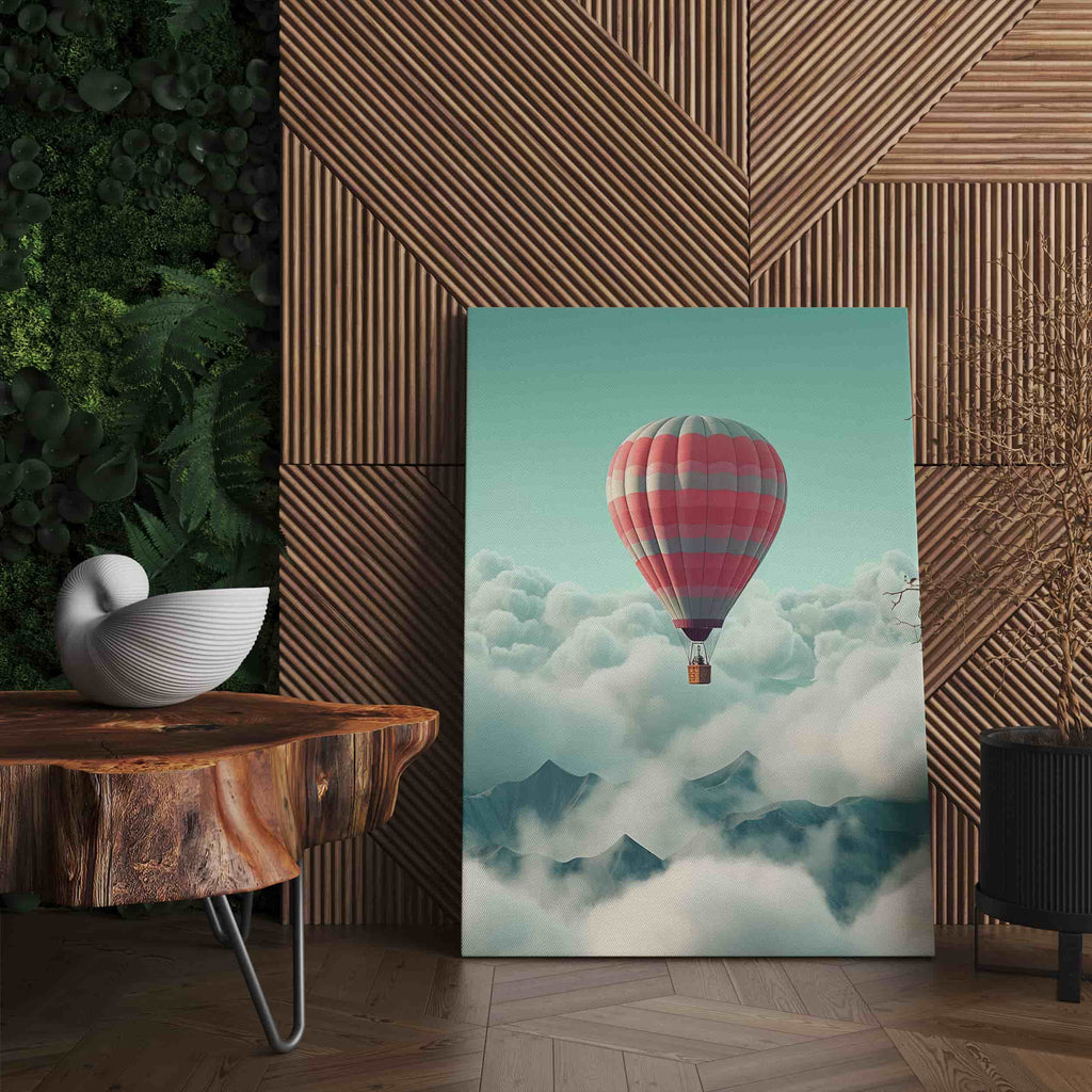 Above the Clouds Canvas Art Print | Canvas wall art print by Wall Nostalgia. Custom Canvas Prints, Made in Calgary, Canada | Large canvas prints, Kids Room Art Print, Kids Bedroom Wall Art, Hot air balloon art, Kids room wall art, playroom wall art, playroom art prints, kids bedroom decor, childs bedroom decor wall art