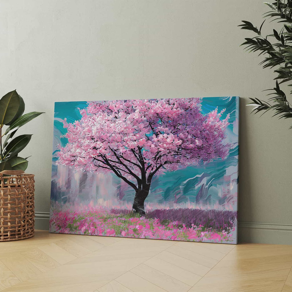 Pink Cherry Blossom Tree Canvas Wall Art Print | Canvas wall art print by Wall Nostalgia. Custom Canvas Prints Made in Canada | Large canvas prints, canvas wall art Canada, trendy wall art, cherry blossom wall art print, cherry blossom canvas, bedroom wall art, living room wall art, contemporary wall art