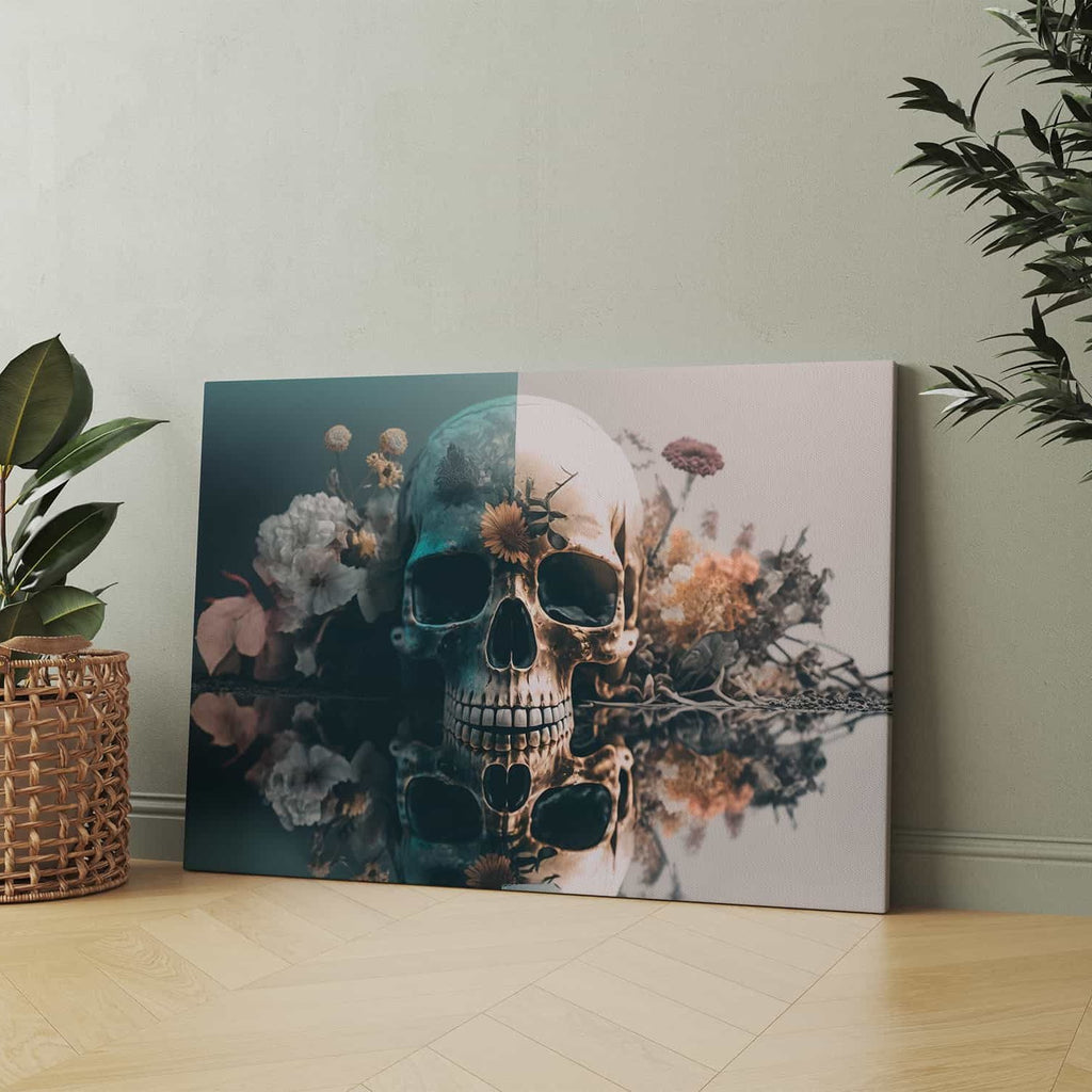 Darkness in the Flowers Canvas Print  | Canvas wall art print by Wall Nostalgia. Custom Canvas Prints Made in Canada | Skull wall art, Flower Skull Art Print, Flower Skull Wall Art, Dark wall art prints, Canvas wall art Canada, Skull Canvas Art Canada