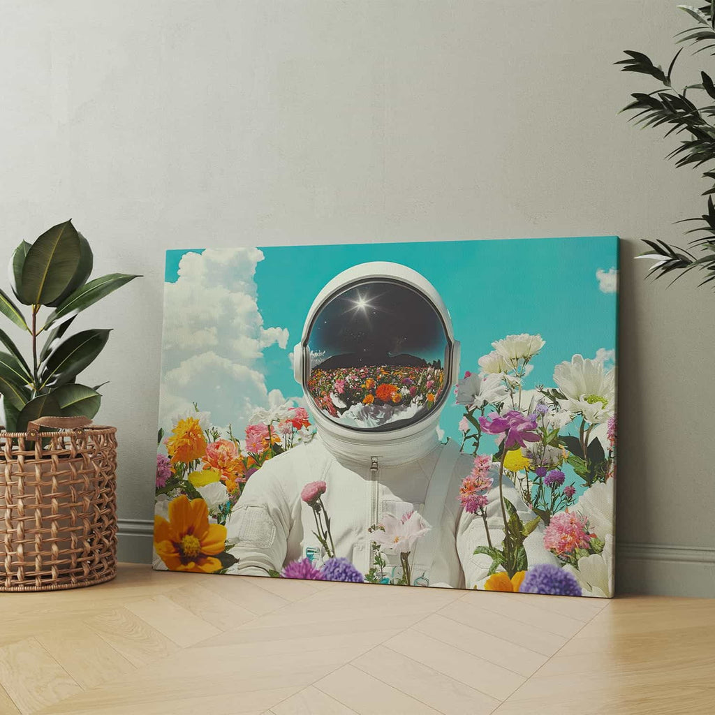 Retrospective Fields Astronaut Wall Art Print | Canvas wall art print by Wall Nostalgia. Custom Canvas Prints, Made in Canada | Wall Art Canada, Canvas Art Canada, Large canvas prints Canada, Wall Art for Living Room, Wall Art for Office, Wall Art for Bedroom, Canvas Prints Canada, Astronaut wall art, Astronaut wall decor, Astronaut art prints, Astronaut canvas print, Girly Wall Art Prints, Astronaut Flower Art Print, Unique wall art canada, trendy wall art canada, modern wall art prints canada