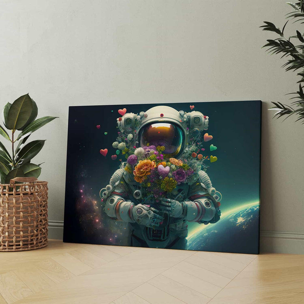Space for Love Astronaut Canvas Wall Art Print  | Astronaut canvas wall art print by Wall Nostalgia. Custom Canvas Prints, Made in Canada | Astronaut Wall Art Canada, Astronaut Art Prints, Astronaut wall decor, Astronaut Canvas Art Canada, Large canvas prints Canada, Wall Art for Living Room, Wall Art for Office, Wall Art for Bedroom, Canvas Prints Canada, Unique wall art canada, Trendy wall art canada, modern wall art canada