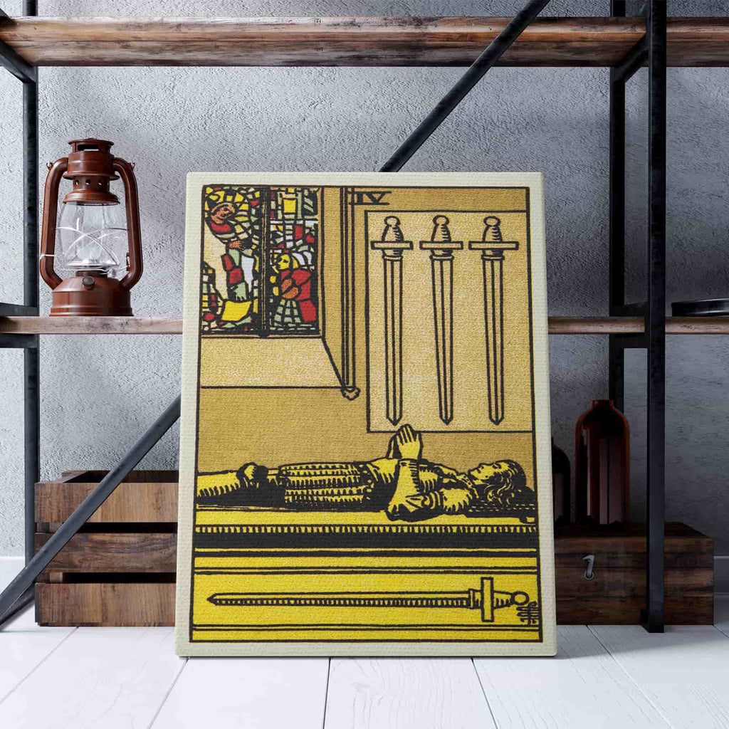 Four of Swords Tarot Art Print | Canvas wall art print by Wall Nostalgia. Custom Canvas Prints, Made in Calgary, Canvas wall art canada, Tarot Cards Printing Canada, Tarot Card Art Prints, Tarot Card canvas art, tarot card art, Tarot Cards Canada, Tarot Card Pictures, canvas prints Canada, four of swords tarot card art