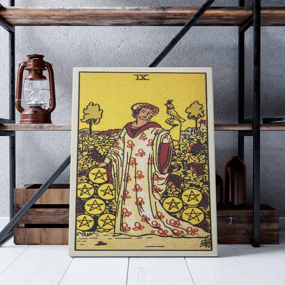 Nine of Pentacles Tarot Card Art Print | Canvas wall art print by Wall Nostalgia. Custom Canvas Prints, Made in Calgary, Canvas wall art canada, Tarot Cards Printing Canada, Tarot Card Art Prints, Tarot Card canvas art, Nine of Pentacles tarot card art, Tarot Cards Canada, Tarot Card Pictures, canvas prints Canada