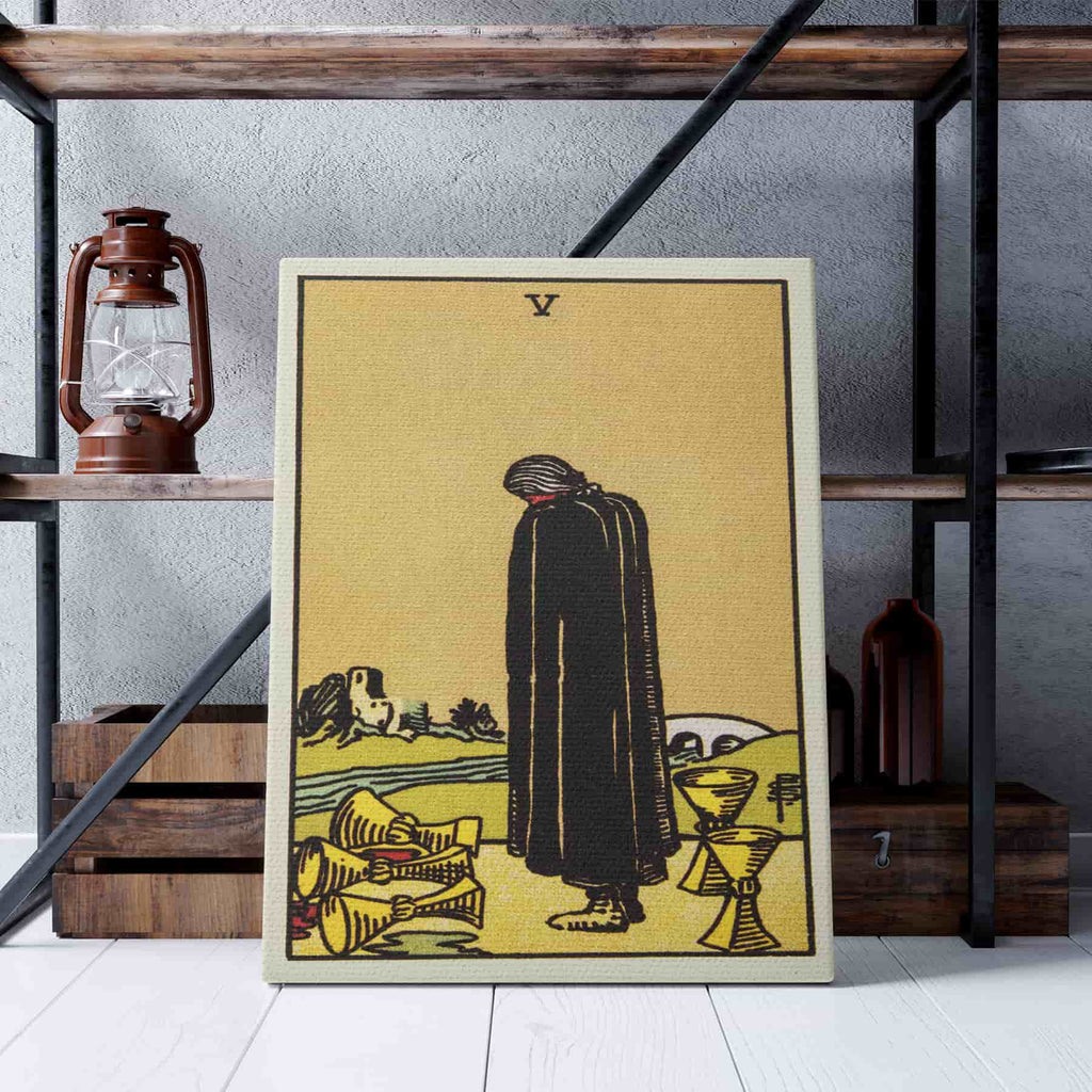 Five of Cups Tarot Art Print  | Canvas wall art print by Wall Nostalgia. Custom Canvas Prints, Made in Calgary, Canvas wall art canada, Tarot Cards Printing Canada, Tarot Card Art Prints, Tarot Card canvas art, tarot card art, Tarot Cards Canada, Tarot Card Pictures, canvas prints canada, Five of Cups Tarot Card Art