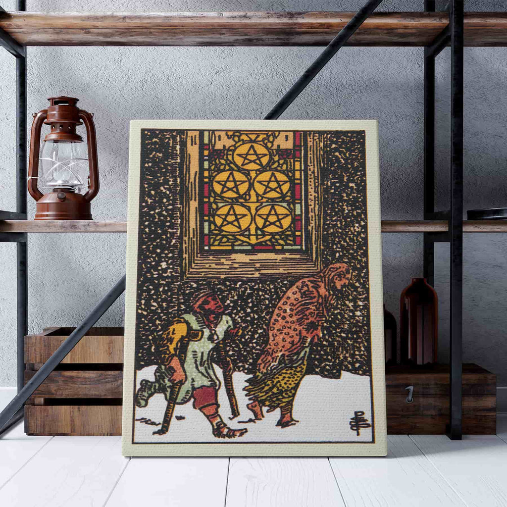 Five of Pentacles Tarot Card Art Print | Canvas wall art print by Wall Nostalgia. Custom Canvas Prints, Made in Calgary, Canvas wall art canada, Tarot Cards Printing Canada, Tarot Card Art Prints, Tarot Card canvas art, tarot card art, Tarot Cards Canada,  five of pentacles Tarot Card Pictures, canvas prints canada