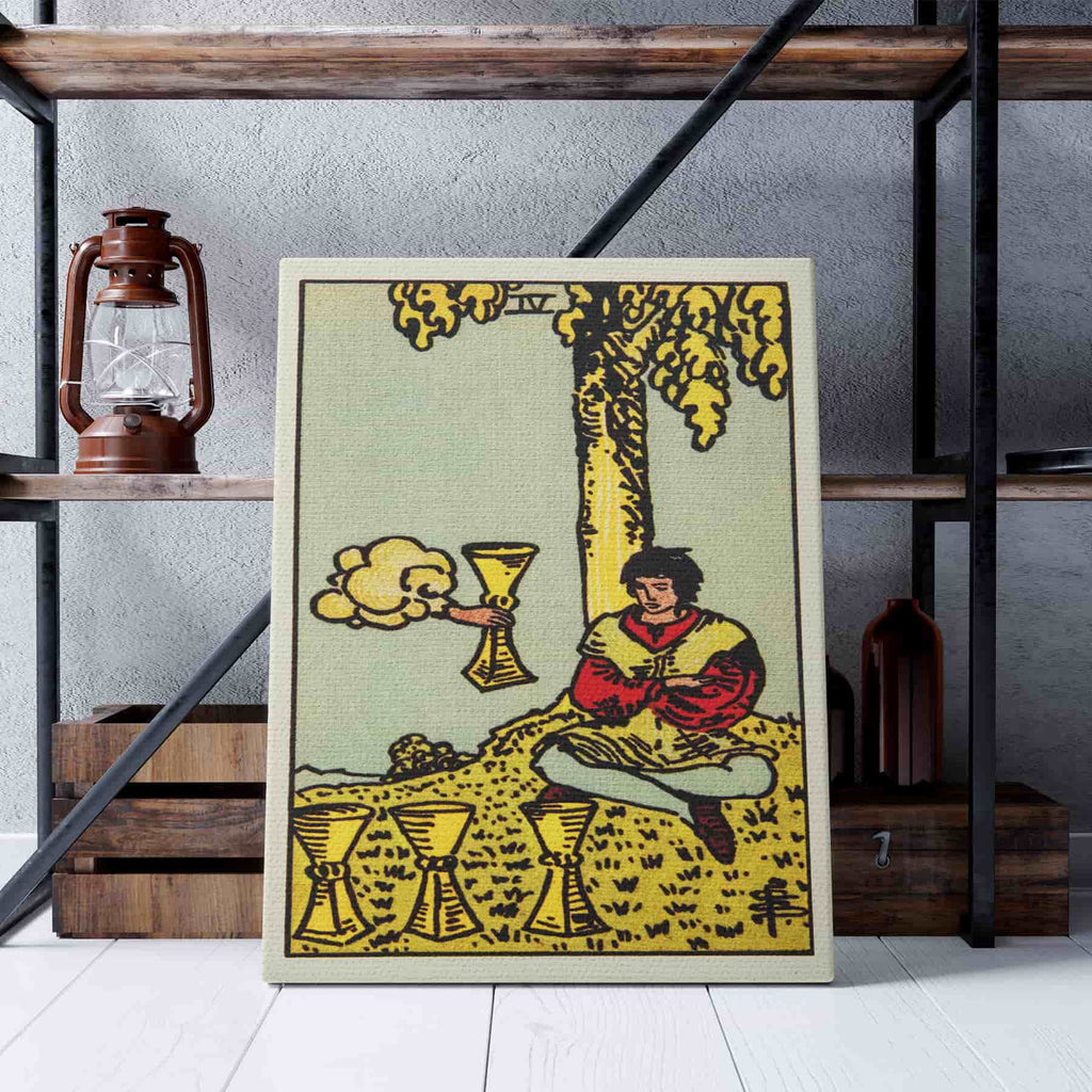 Four of Cups Tarot Card Art Print | Canvas wall art print by Wall Nostalgia. Custom Canvas Prints, Canvas wall art canada, Tarot Cards Printing Canada, Tarot Card Art Prints, Tarot Card canvas art, tarot card art, Tarot Cards Canada, Tarot Card Pictures, canvas prints Canada, four of cups tarot card wall art prints