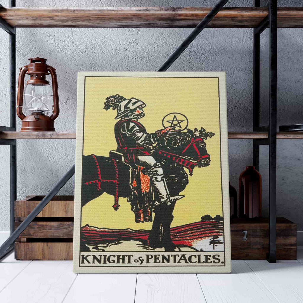 Knight of Pentacles Tarot Card Art Print | Canvas wall art print by Wall Nostalgia. Custom Canvas Prints, Made in Calgary, Canvas wall art canada, Tarot Cards Printing Canada, Tarot Card Art Prints, Knight of Pentacles Tarot Card canvas art, tarot card art, Tarot Cards Canada, Tarot Card Pictures, canvas prints Canada