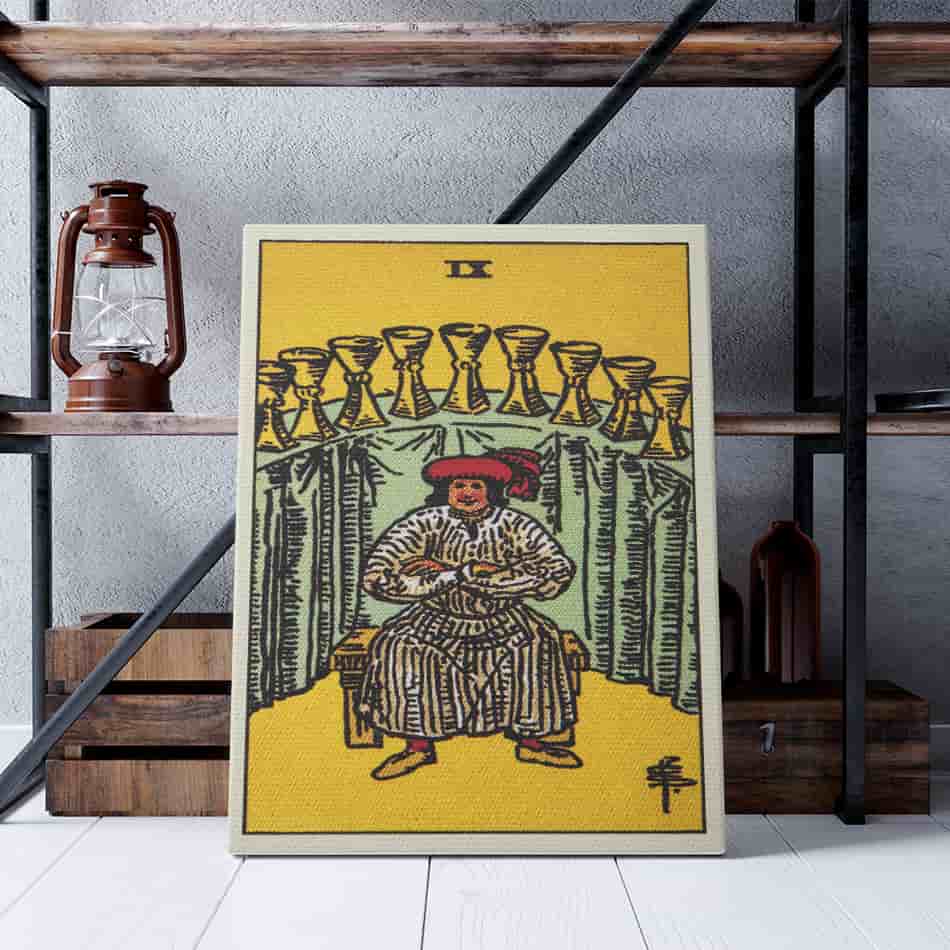Nine of Cups Tarot Card Art Print | Canvas wall art print by Wall Nostalgia. Custom Canvas Prints, Made in Calgary, Canvas wall art canada, Tarot Cards Printing Canada, Nine of Cups Tarot Card Art Prints, Tarot Card canvas art, Nine of Cups tarot card art, Tarot Cards Canada, Tarot Card Pictures, canvas prints Canada