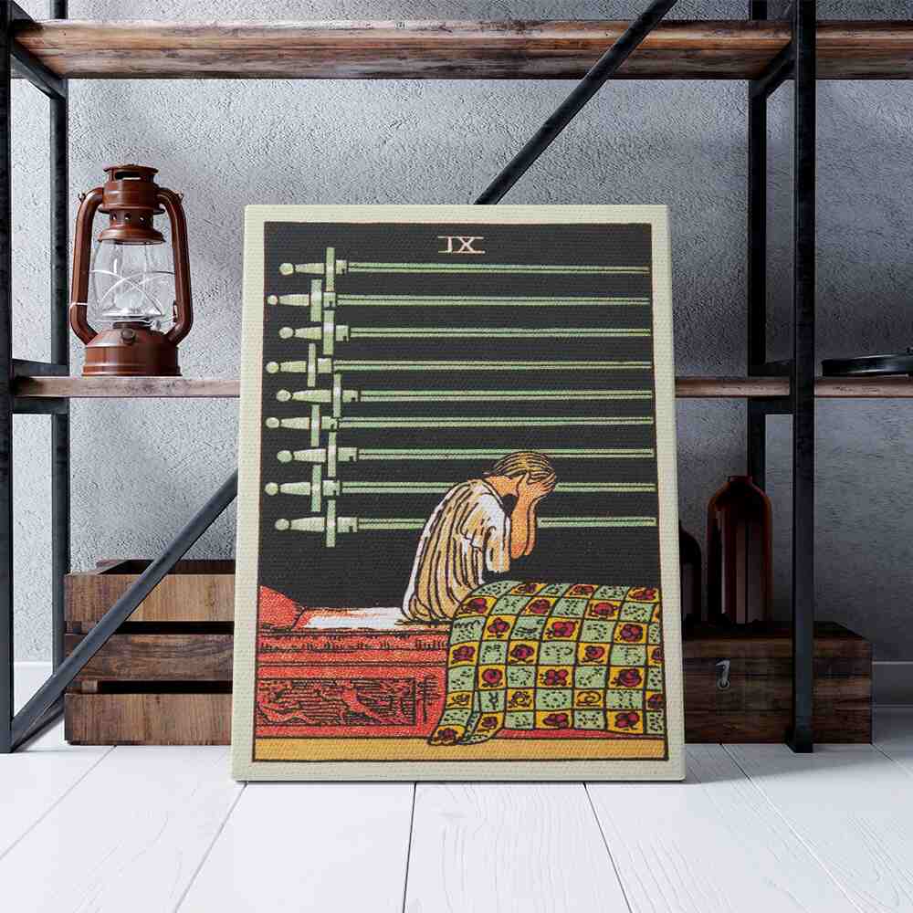Nine of Swords Tarot Card Canvas Print | Canvas wall art print by Wall Nostalgia. Custom Canvas Prints, Made in Calgary, Canvas wall art canada, Tarot Cards Printing Canada, Tarot Card Art Prints, Tarot Card canvas art, tarot card art, Tarot Cards Canada, Tarot Card Pictures, canvas prints Canada, nine of swords tarot