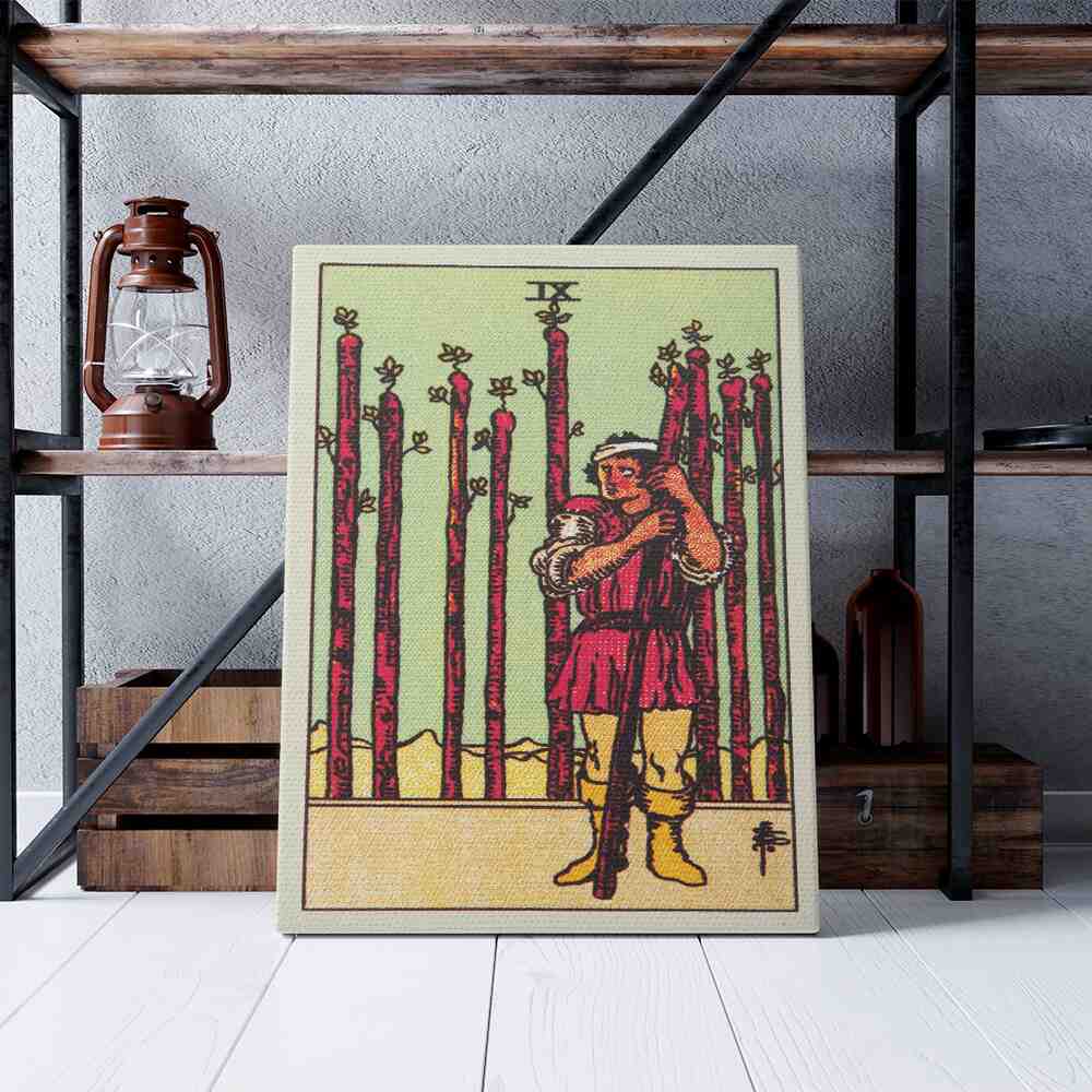 Nine of Wands Tarot Card Canvas Print | Canvas wall art print by Wall Nostalgia. Custom Canvas Prints, Made in Calgary, Canvas wall art canada, Tarot Cards Printing Canada, Nine of Wands Tarot Card Art Prints, Tarot Card canvas art, tarot card art, Tarot Cards Canada, Tarot Card Pictures, canvas prints Canada, wall art