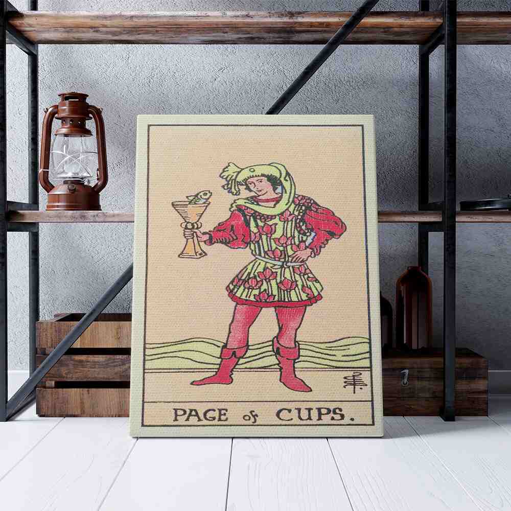Page of Cups Tarot Card Canvas Print | Canvas wall art print by Wall Nostalgia. Custom Canvas Prints, Made in Calgary, Canvas wall art canada, Tarot Cards Printing Canada, Tarot Card Art Prints, Tarot Card canvas art, Page of Cups tarot card art, Page of Cups Tarot Card Canada, Tarot Card Pictures, canvas prints Canada