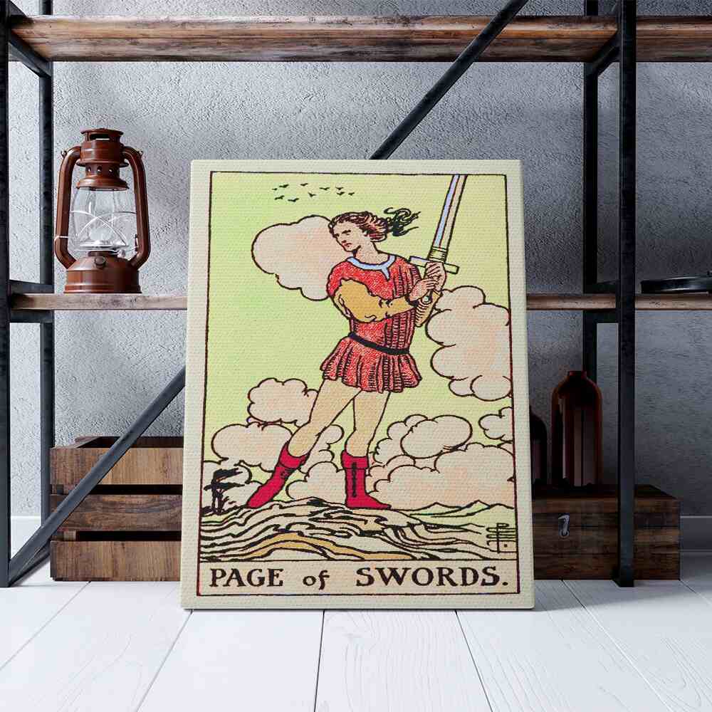Page of Swords Tarot Card Canvas Print | Canvas wall art print by Wall Nostalgia. Custom Canvas Prints, Made in Calgary, Canvas wall art canada, Tarot Cards Printing Canada, Page of Swords Tarot Card Art Prints, Tarot Card canvas art, tarot card art, Tarot Cards Canada, Tarot Card Pictures, canvas prints Canada