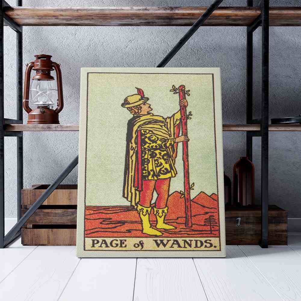 Page of Wands Tarot Card Canvas Print | Canvas wall art print by Wall Nostalgia. Custom Canvas Prints, Made in Calgary, Canvas wall art canada, Tarot Cards Printing Canada, Tarot Card Art Prints, Tarot Card canvas art, page of wands tarot card art, Tarot Cards Canada, Tarot Card Pictures, canvas prints Canada