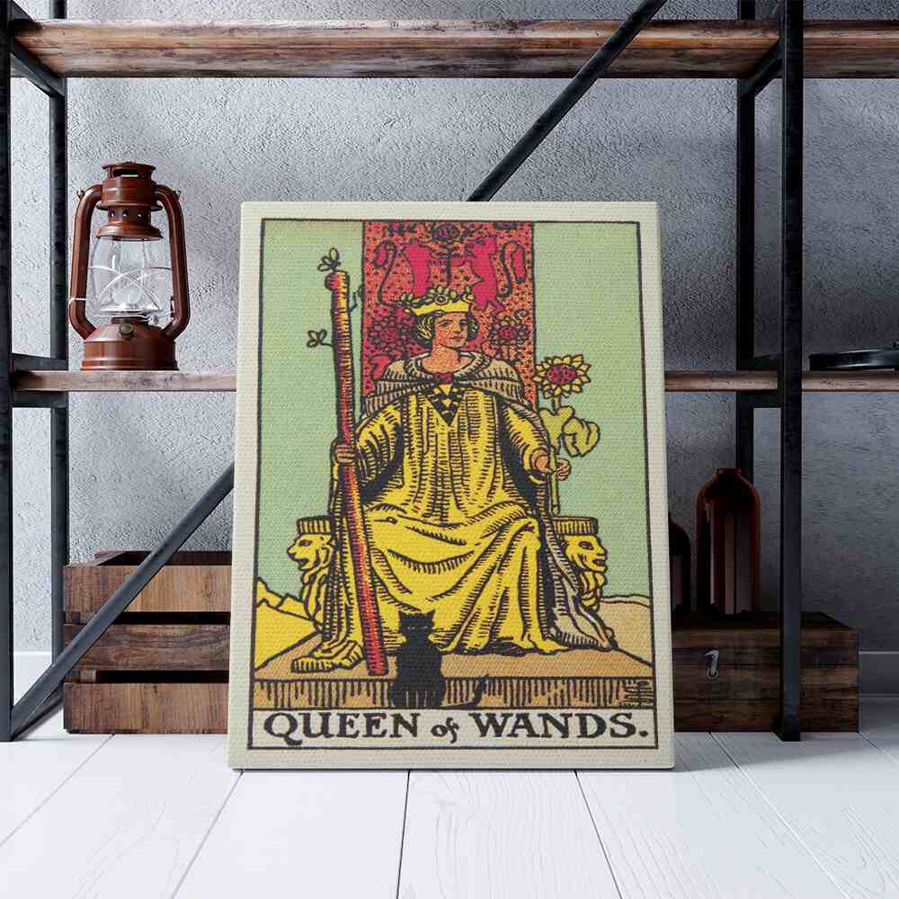 Queen of Wands Tarot Card Canvas Print | Canvas wall art print by Wall Nostalgia. Custom Canvas Prints, Made in Calgary, Canvas wall art canada, Tarot Cards Printing Canada, Tarot Card Art Prints, Tarot Card canvas art, queen of wands tarot card art, Tarot Cards Canada, Tarot Card Pictures, canvas prints Canada