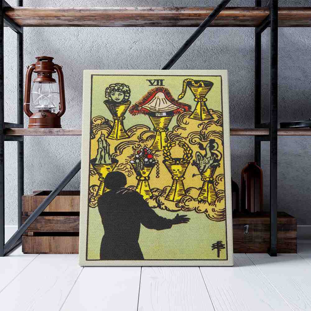 Seven of Cups Tarot Card Canvas Print | Canvas wall art prints by Wall Nostalgia. Custom canvas prints made in Calgary, canvas wall art canada, tarot cards printing Canada, tarot card art prints, tarot card canvas art, seven of cups tarot card art, tarot cards canada, tarot card pictures, canvas prints Canada wall art