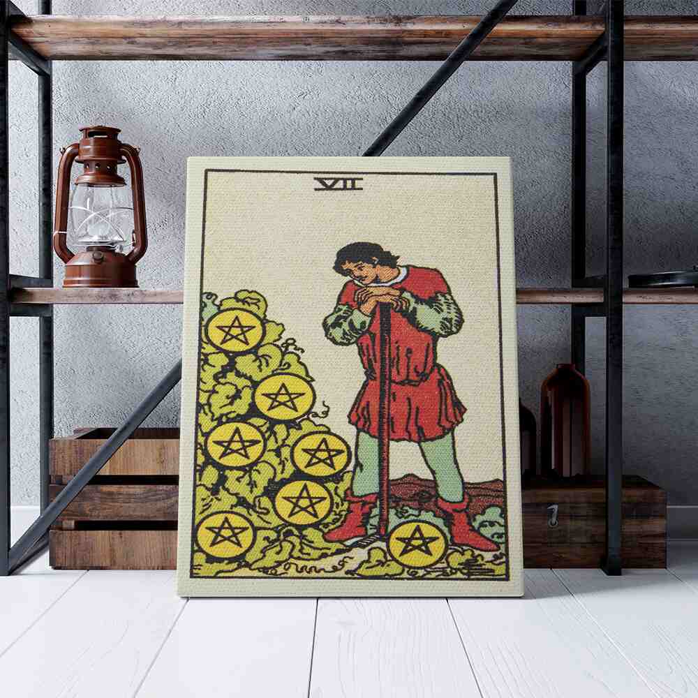 Seven of Pentacles Tarot Card Canvas Print | Canvas wall art prints by Wall Nostalgia. Custom canvas prints made in Calgary, canvas wall art canada, tarot cards printing Canada, tarot card art prints, tarot card canvas art, seven of pentacles tarot card art, tarot cards canada, tarot card pictures, canvas prints Canada