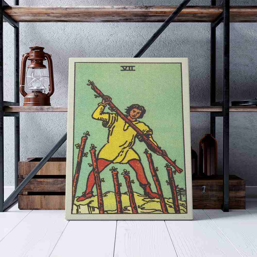 Seven of Wands Tarot Card Canvas Print | Canvas wall art prints by Wall Nostalgia. Custom canvas prints made in Calgary, canvas wall art canada, tarot cards printing Canada, tarot card art prints, tarot card canvas art, seven of wands tarot card art, tarot cards canada, tarot card pictures, canvas prints Canada, tarot