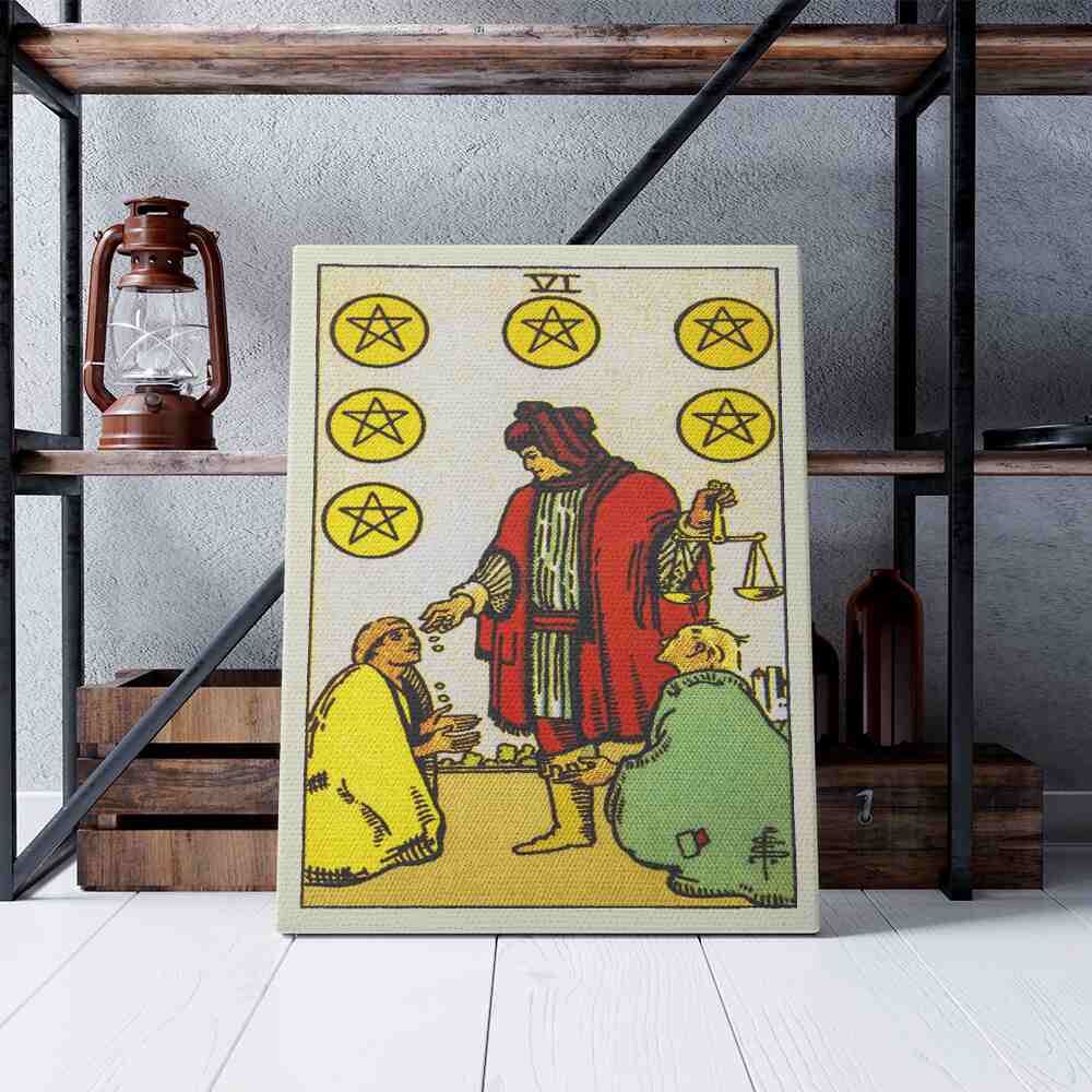 Six of Pentacles Tarot Card Canvas Print | Canvas wall art prints by Wall Nostalgia. Custom canvas prints made in Calgary, canvas wall art canada, tarot cards printing Canada, tarot card art prints, tarot card canvas art, six of pentacles tarot card art, tarot cards canada, tarot card pictures, canvas prints Canada
