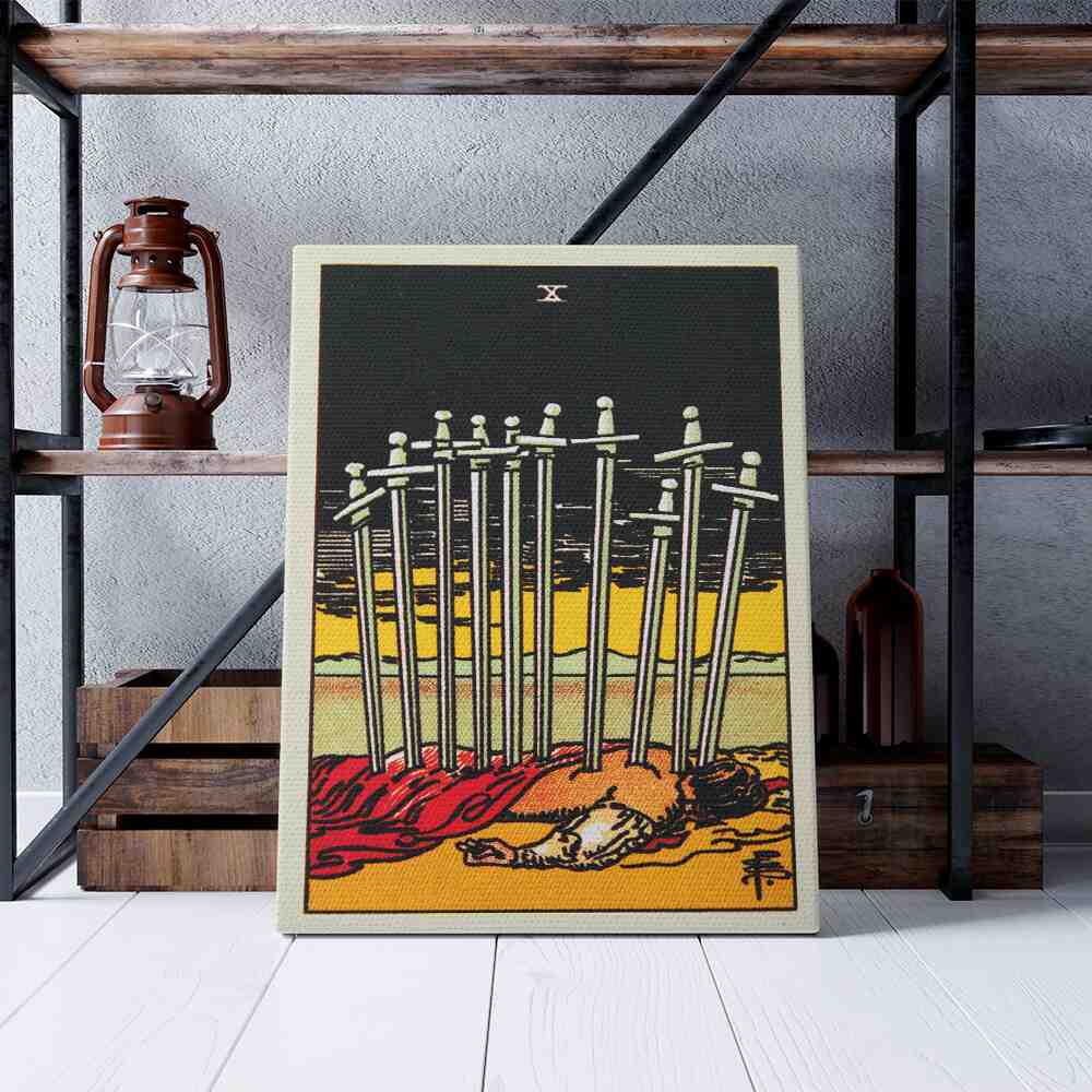 Ten of Swords Tarot Card Canvas Print | Canvas wall art prints by Wall Nostalgia. Custom canvas prints made in Calgary, canvas wall art canada, tarot cards printing Canada, ten of swords tarot card art print, tarot card canvas art, tarot card art, tarot cards canada, tarot card pictures, tarot card canvas prints Canada