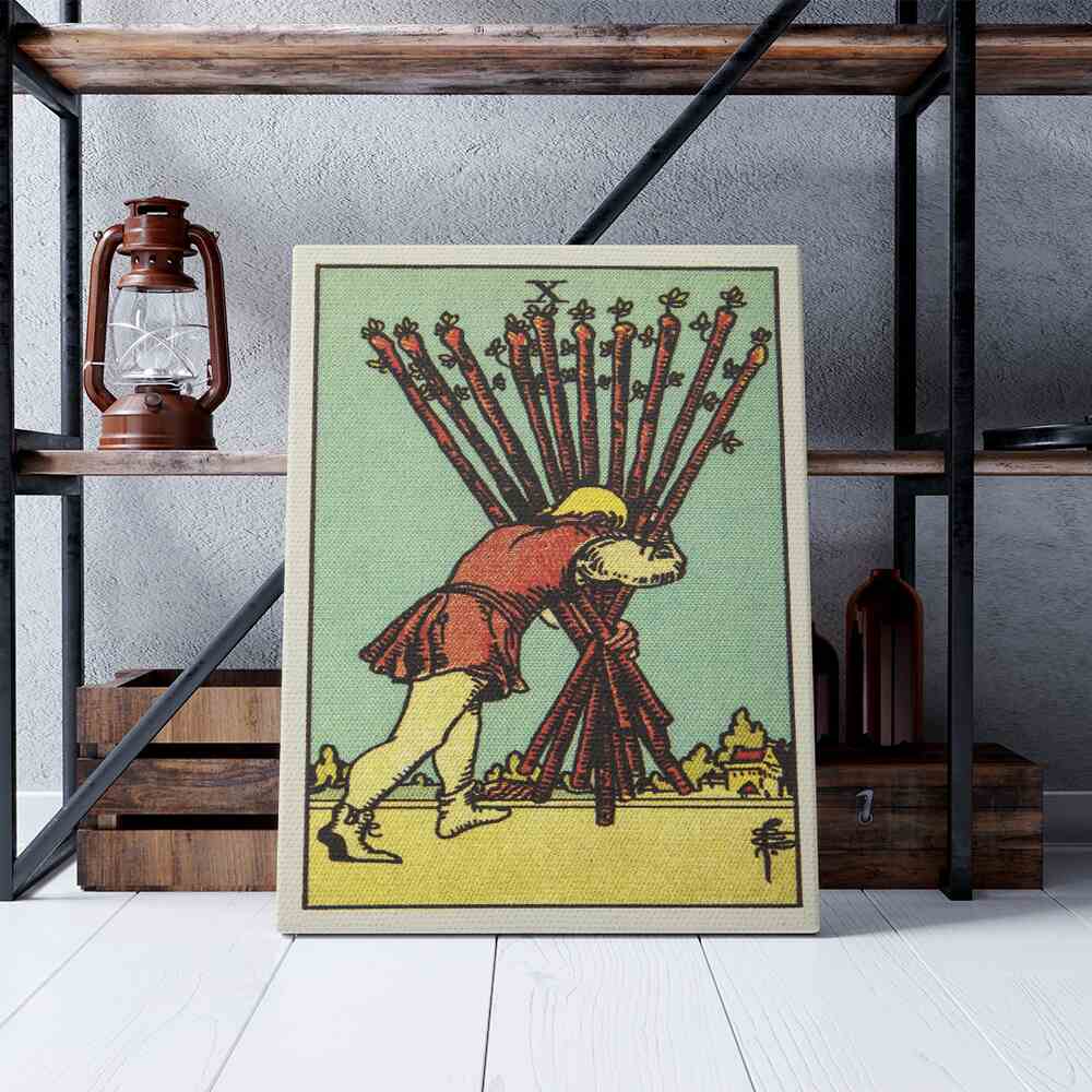 Ten of Wands Tarot Card Canvas Print | Canvas wall art prints by Wall Nostalgia. Custom canvas prints made in Calgary, canvas wall art canada, tarot card printing Canada, ten of wands tarot card art prints, ten of wands tarot card canvas art, tarot card art, tarot cards canada, tarot card pictures, canvas prints Canada